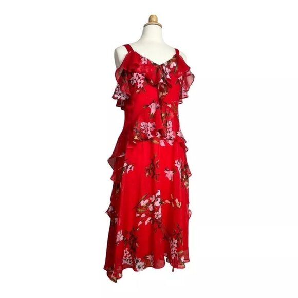 Taylor Ruffle Chiffon Dress 8 Red Floral Waterfall Sleeveless Lined V-Neck Frill - Picture 1 of 8
